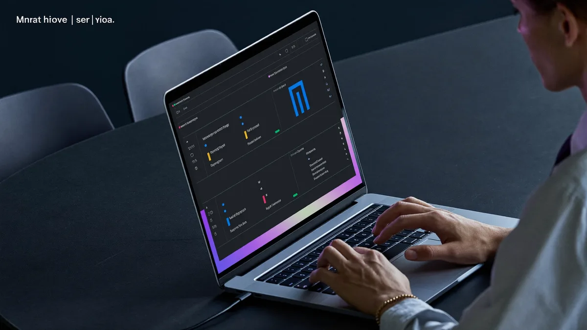 Poslovni čovek pregleda dashboard sa automatizovanim procesima firme na laptopu, moderna kancelarija