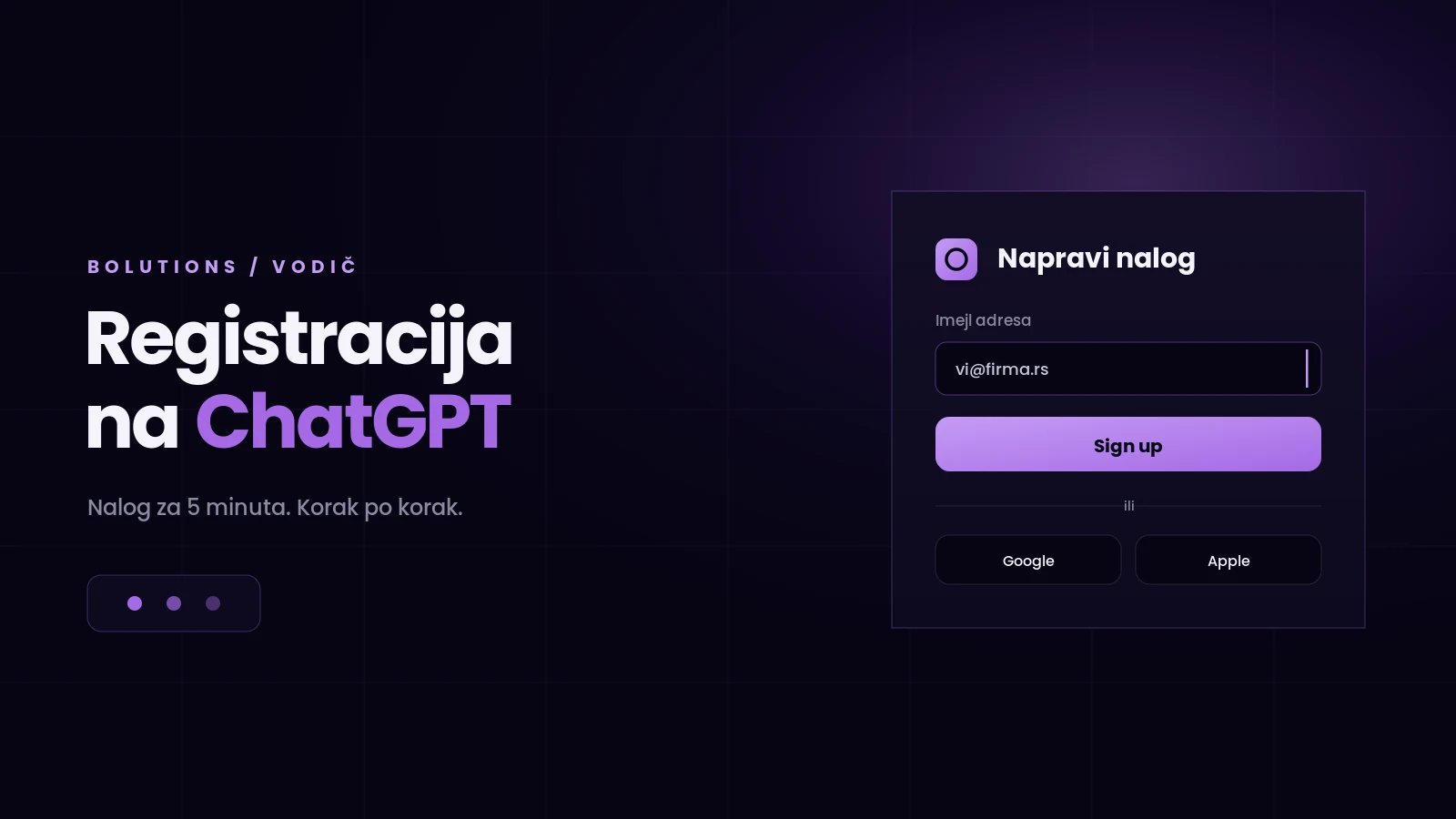 Ekran prijave na ChatGPT nalog sa dugmetom za registraciju, lavanda svetlo na tamnoj pozadini