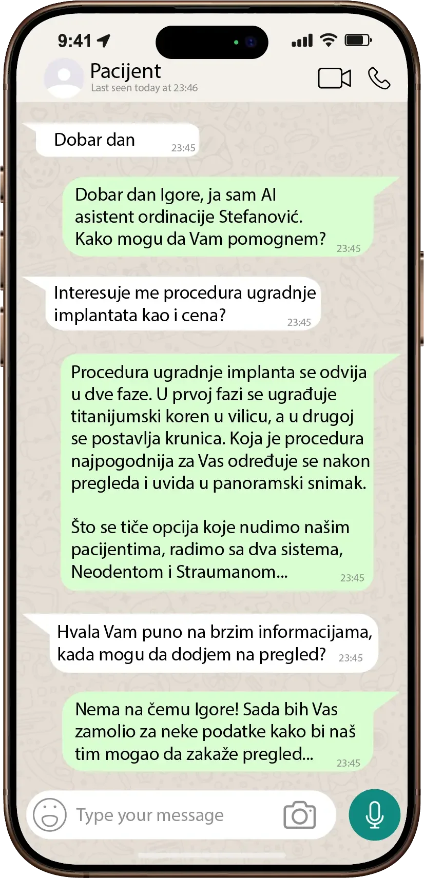Prava konverzacija pacijenta sa AI chatbotom stomatološke ordinacije, odgovori i zakazivanje pregleda