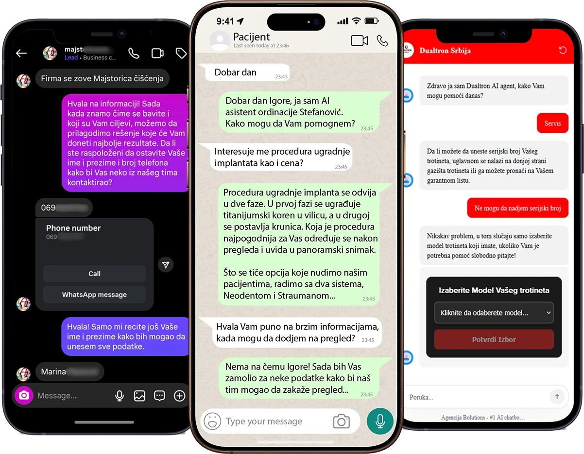 AI chatbot razgovori na tri kanala: chat na sajtu, WhatsApp i Instagram poruke