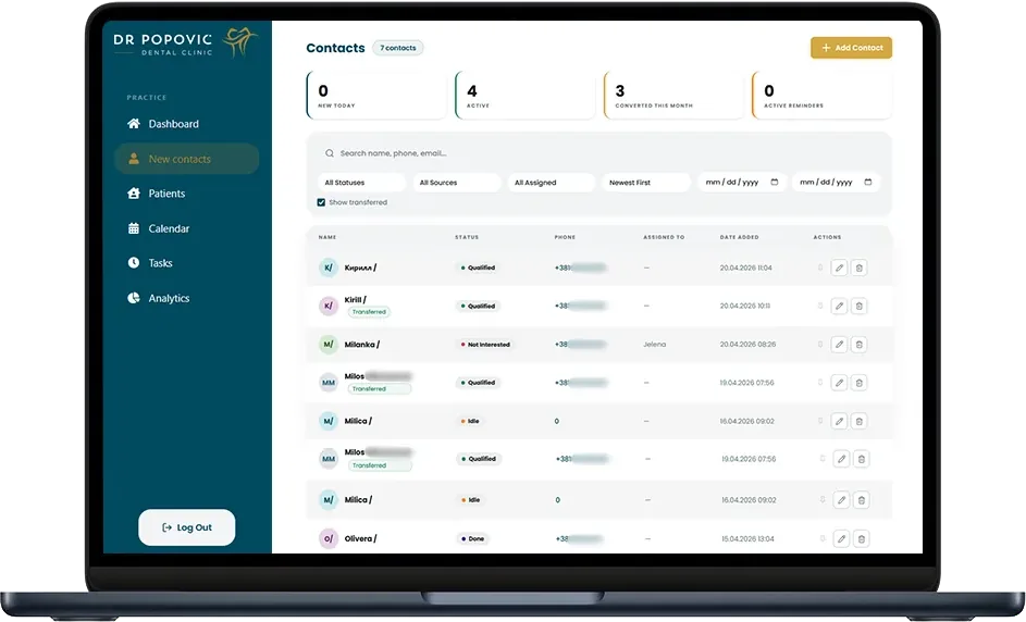 Custom CRM aplikacija na laptop ekranu, pregled razgovora, kontakata i termina