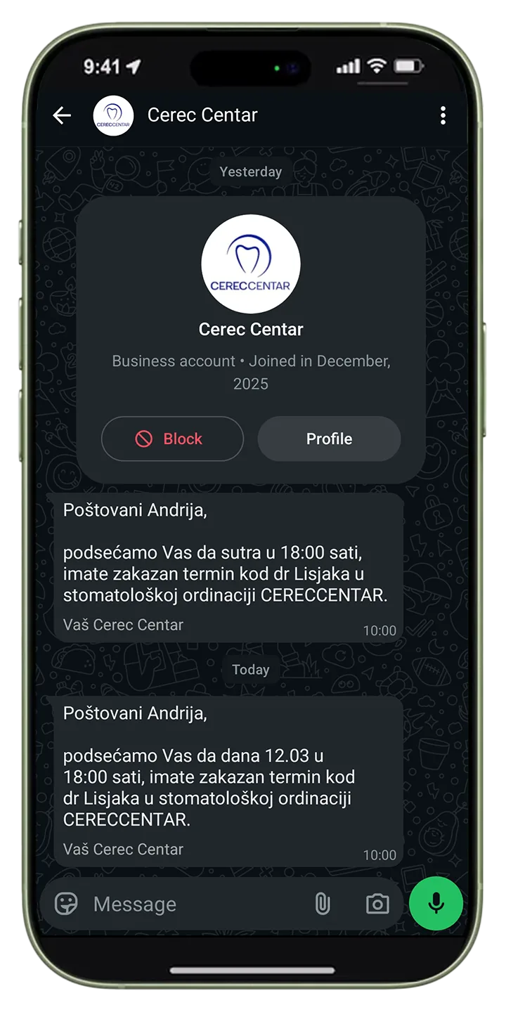 Automatski WhatsApp podsetnici o terminima, primer iz prakse klijenta Cerec Centar