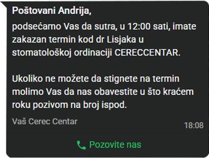 Primer automatske WhatsApp podsetnik poruke o zakazanom terminu