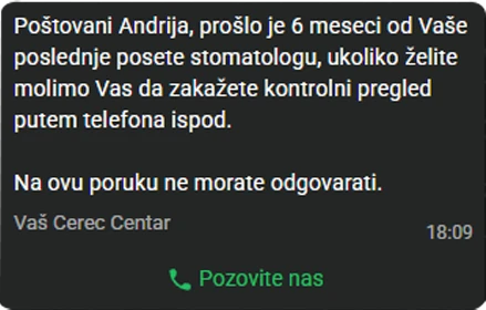 Primer automatske WhatsApp poruke za kontrolni pregled posle 6 meseci