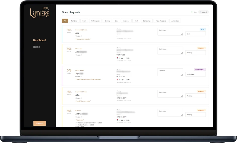 Backend aplikacije hotela Lumière na laptopu, pregled menija, porudžbina i zahteva gostiju